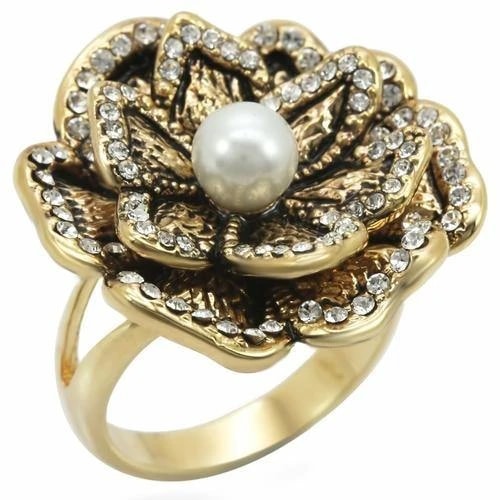 Gold Brass Ring with Pearl in Citrine