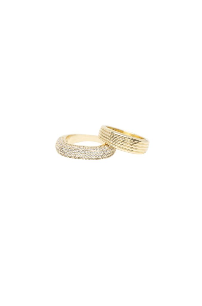 18K Gold Plated Thick Pave & Textured Ring Band Set