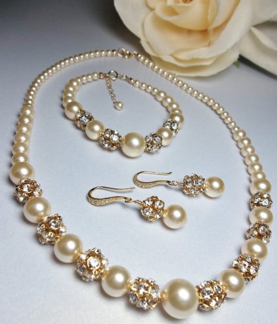Gold Pearl and Rhinestone Bridal Jewellery Set