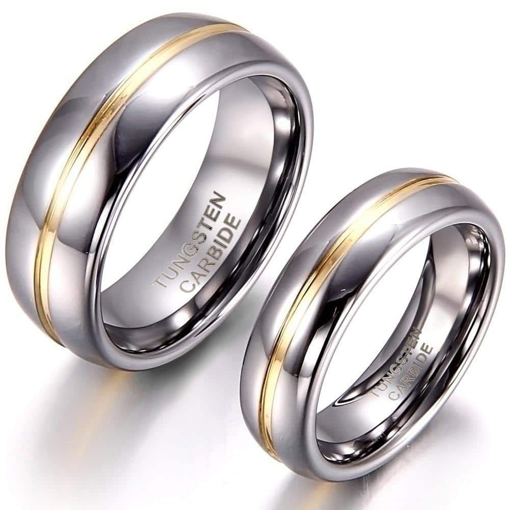 6mm or 8mm Couple's Set Tungsten Carbide with Gold Detail Ring