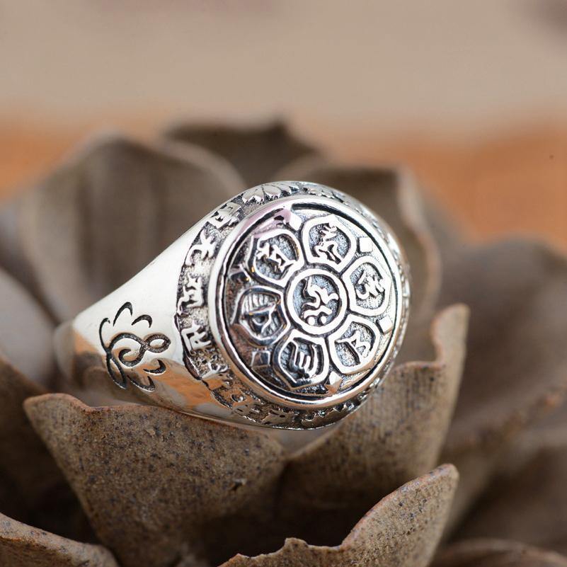 Buddhist Lotus Mantra Solid Silver Ring
