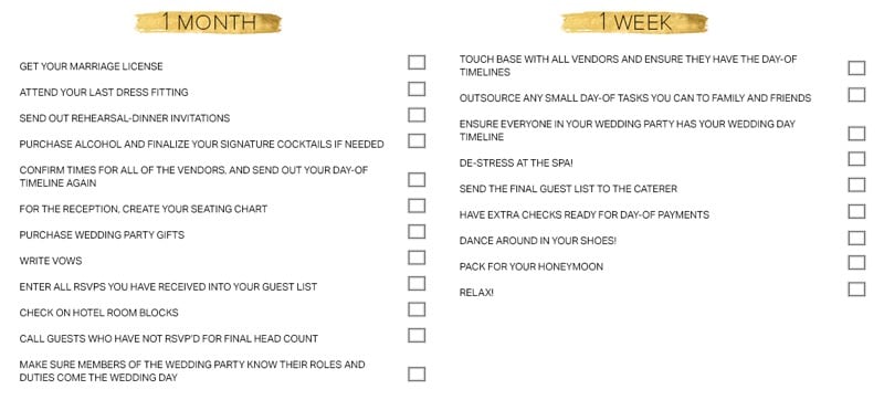 Wedding Preparation Checklist 1 Months Week